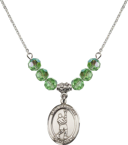 Sterling Silver Saint Sebastian/Lacrosse Birthstone Necklace with Peridot Beads - 8174