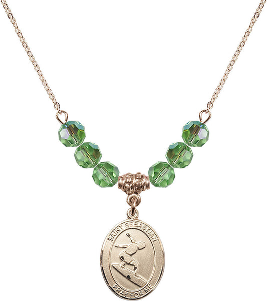 14kt Gold Filled Saint Sebastian/Surfing Birthstone Necklace with Peridot Beads - 8175