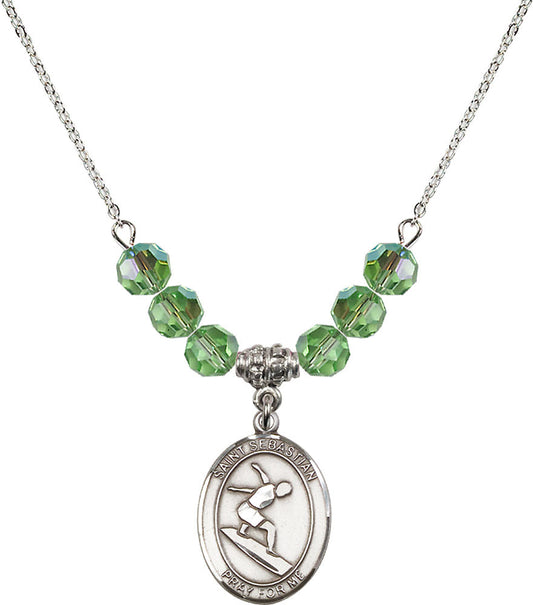 Sterling Silver Saint Sebastian/Surfing Birthstone Necklace with Peridot Beads - 8175