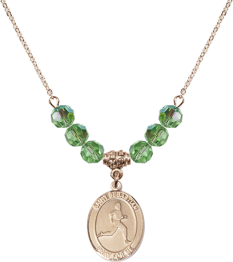 14kt Gold Filled Saint Sebastian/Track & Field Birthstone Necklace with Peridot Beads - 8176