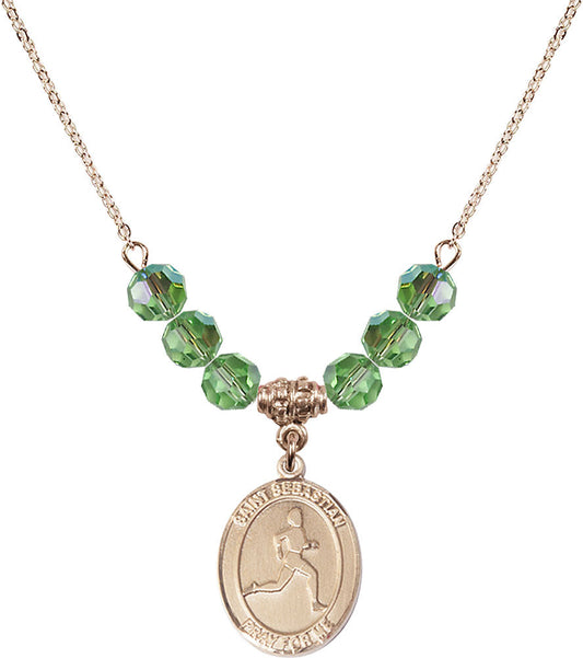 14kt Gold Filled Saint Sebastian/Track & Field Birthstone Necklace with Peridot Beads - 8176