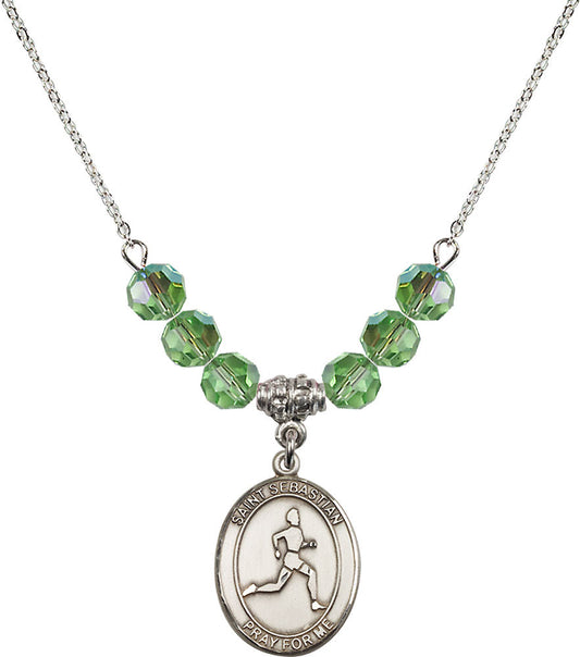 Sterling Silver Saint Sebastian/Track & Field Birthstone Necklace with Peridot Beads - 8176