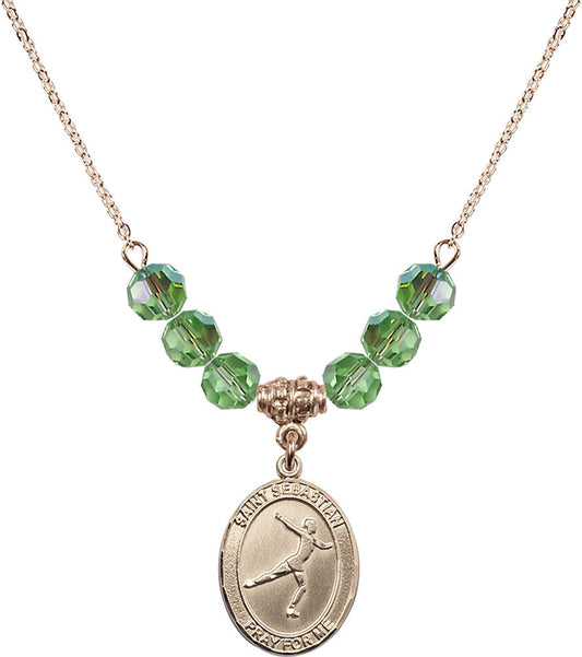 14kt Gold Filled Saint Sebastian/Figure Skating Birthstone Necklace with Peridot Beads - 8177