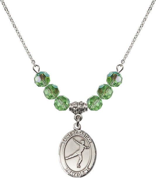 Sterling Silver Saint Sebastian/Figure Skating Birthstone Necklace with Peridot Beads - 8177