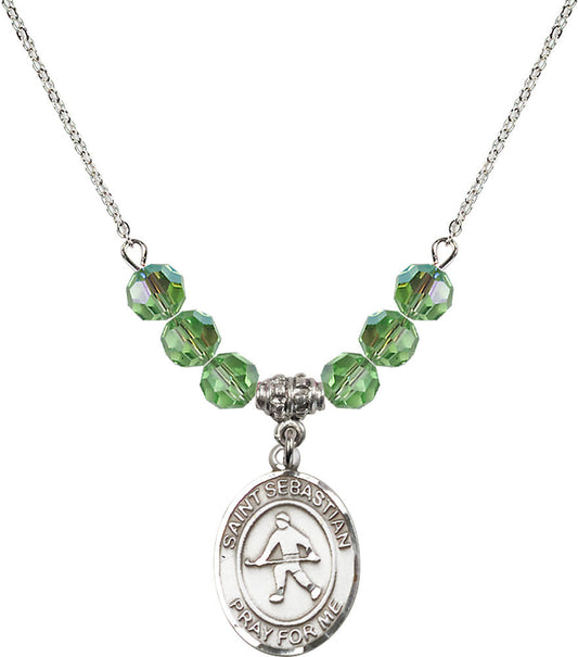 Sterling Silver Saint Sebastian/Field Hockey Birthstone Necklace with Peridot Beads - 8178