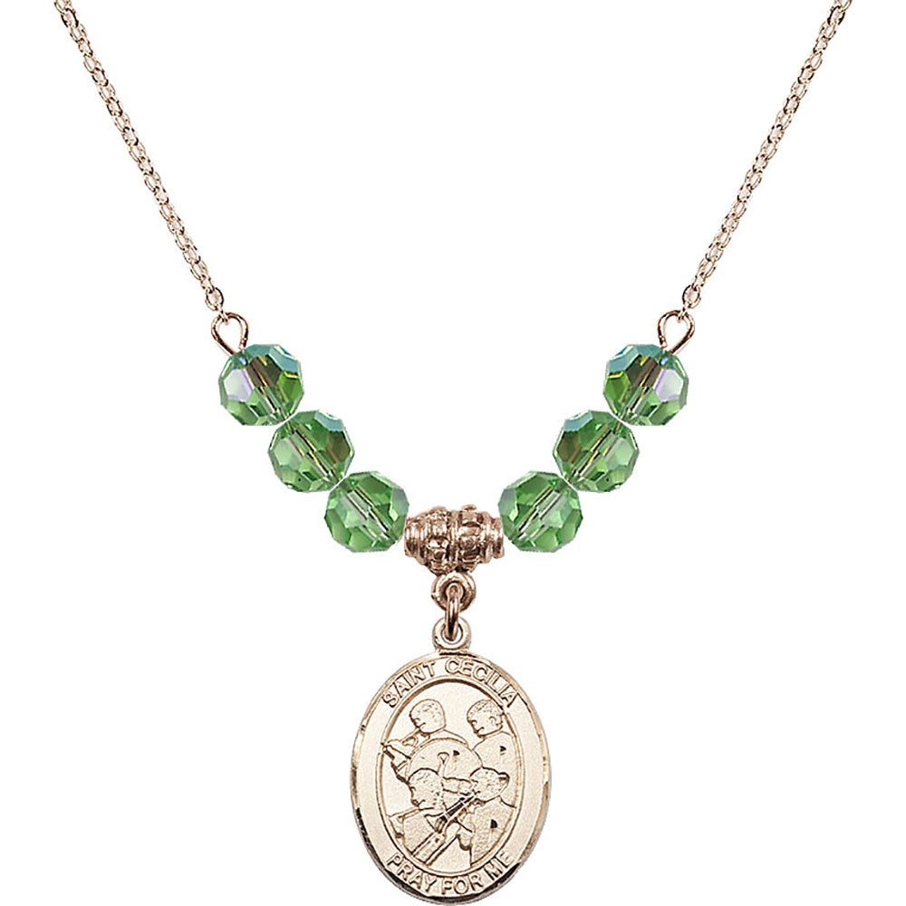 14kt Gold Filled Saint Cecilia / Marching Band Birthstone Necklace with Peridot Beads - 8179