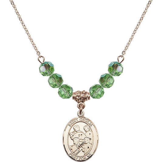 14kt Gold Filled Saint Cecilia / Marching Band Birthstone Necklace with Peridot Beads - 8179