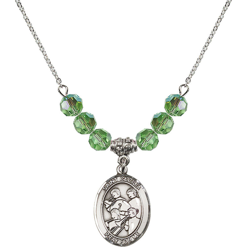 Sterling Silver Saint Cecilia / Marching Band Birthstone Necklace with Peridot Beads - 8179