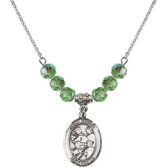Sterling Silver Saint Cecilia / Marching Band Birthstone Necklace with Peridot Beads - 8179
