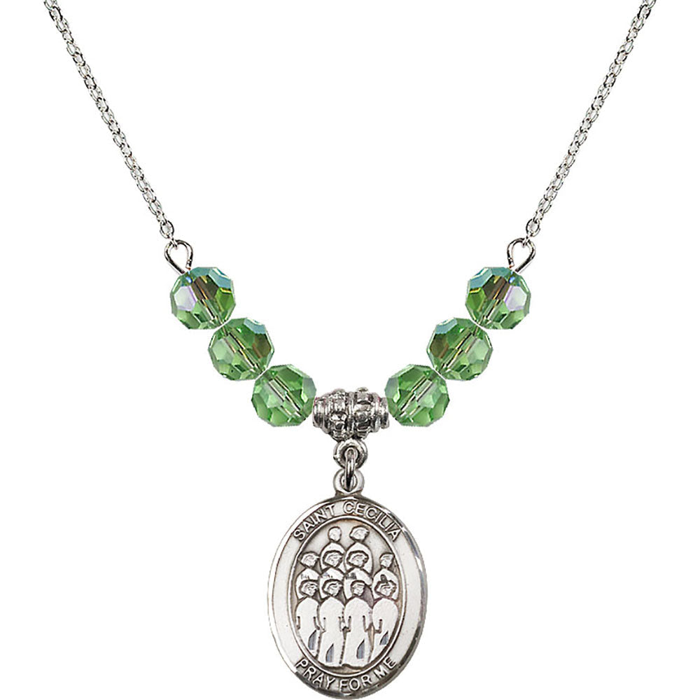 Sterling Silver Saint Cecilia / Choir Birthstone Necklace with Peridot Beads - 8180