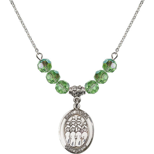 Sterling Silver Saint Cecilia / Choir Birthstone Necklace with Peridot Beads - 8180