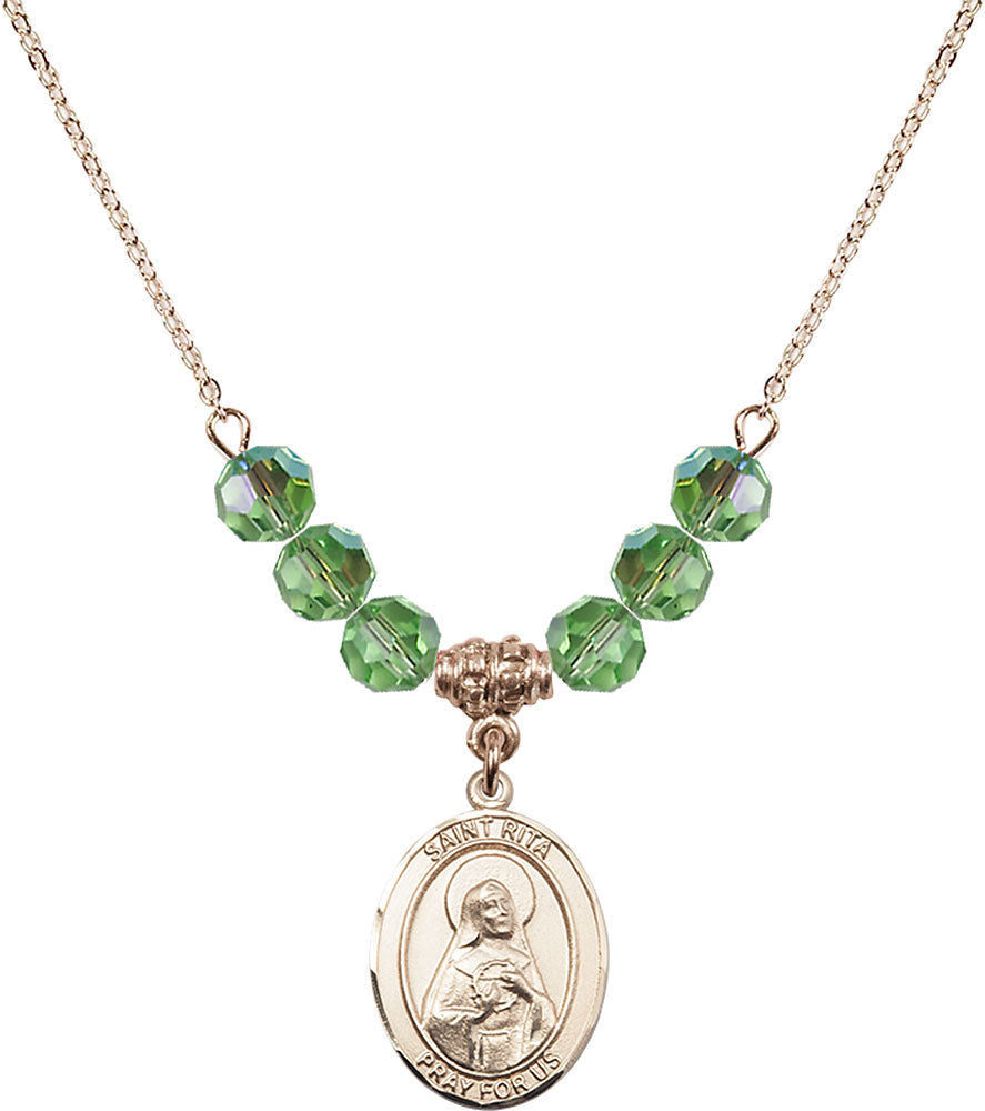 14kt Gold Filled Saint Rita / Baseball Birthstone Necklace with Peridot Beads - 8181
