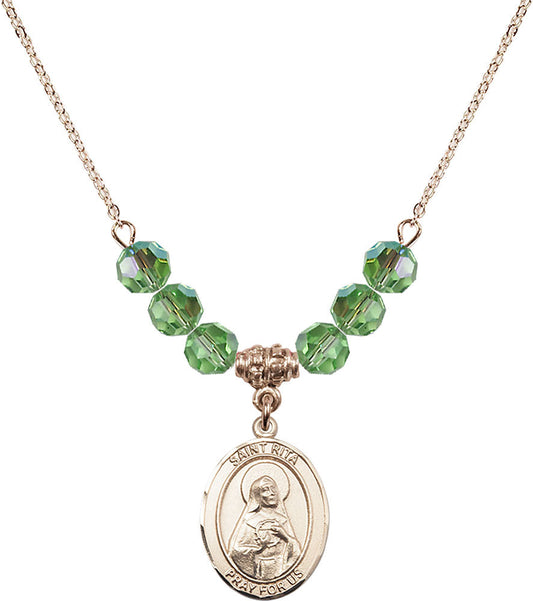 14kt Gold Filled Saint Rita / Baseball Birthstone Necklace with Peridot Beads - 8181