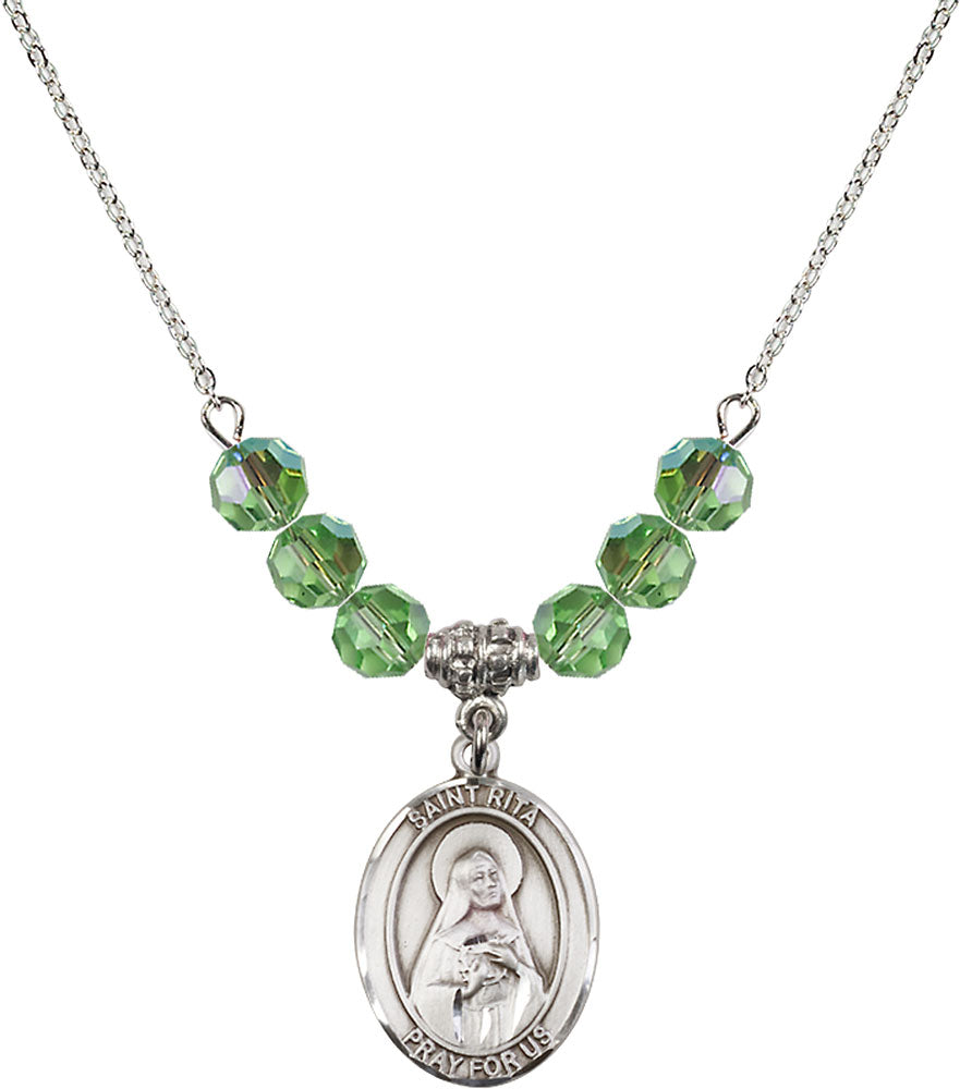 Sterling Silver Saint Rita / Baseball Birthstone Necklace with Peridot Beads - 8181