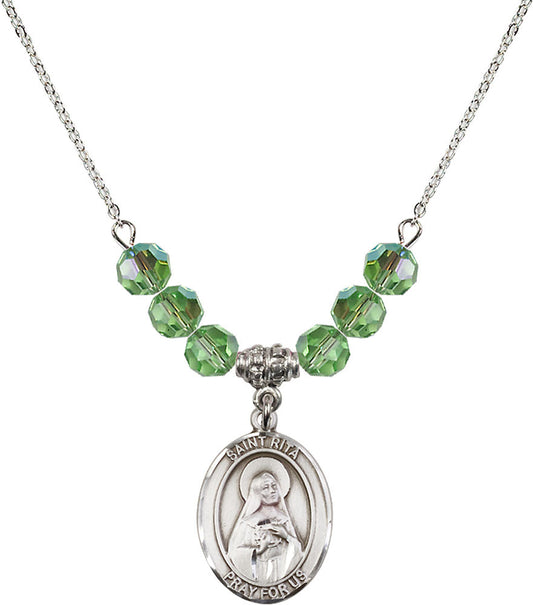 Sterling Silver Saint Rita / Baseball Birthstone Necklace with Peridot Beads - 8181