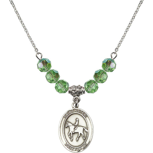 Sterling Silver Saint Kateri/Equestrian Birthstone Necklace with Peridot Beads - 8182
