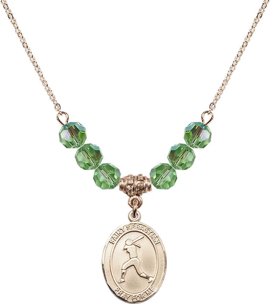 14kt Gold Filled Saint Sebastian / Softball Birthstone Necklace with Peridot Beads - 8183