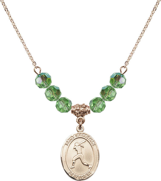 14kt Gold Filled Saint Sebastian / Softball Birthstone Necklace with Peridot Beads - 8183