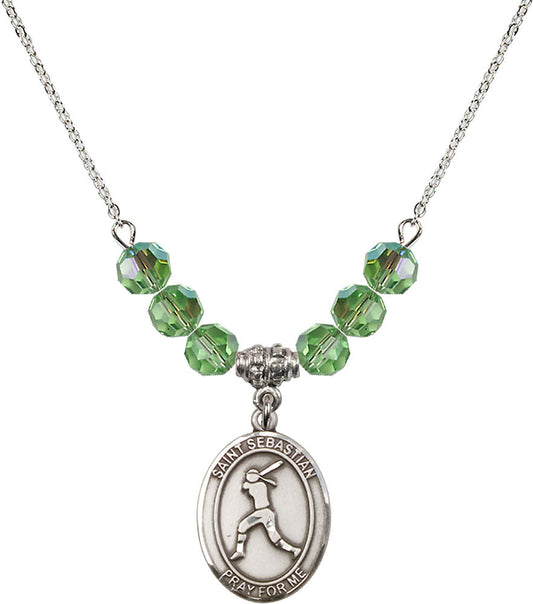 Sterling Silver Saint Sebastian / Softball Birthstone Necklace with Peridot Beads - 8183