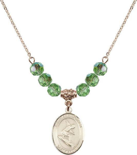 14kt Gold Filled Saint Christopher/Surfing Birthstone Necklace with Peridot Beads - 8184
