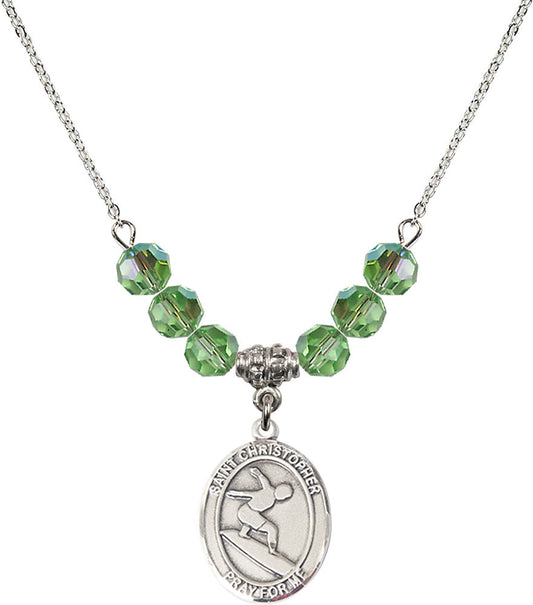 Sterling Silver Saint Christopher/Surfing Birthstone Necklace with Peridot Beads - 8184