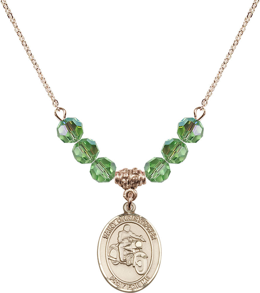 14kt Gold Filled Saint Christopher/Motorcycle Birthstone Necklace with Peridot Beads - 8185