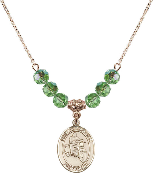 14kt Gold Filled Saint Christopher/Motorcycle Birthstone Necklace with Peridot Beads - 8185