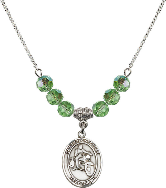 Sterling Silver Saint Christopher/Motorcycle Birthstone Necklace with Peridot Beads - 8185