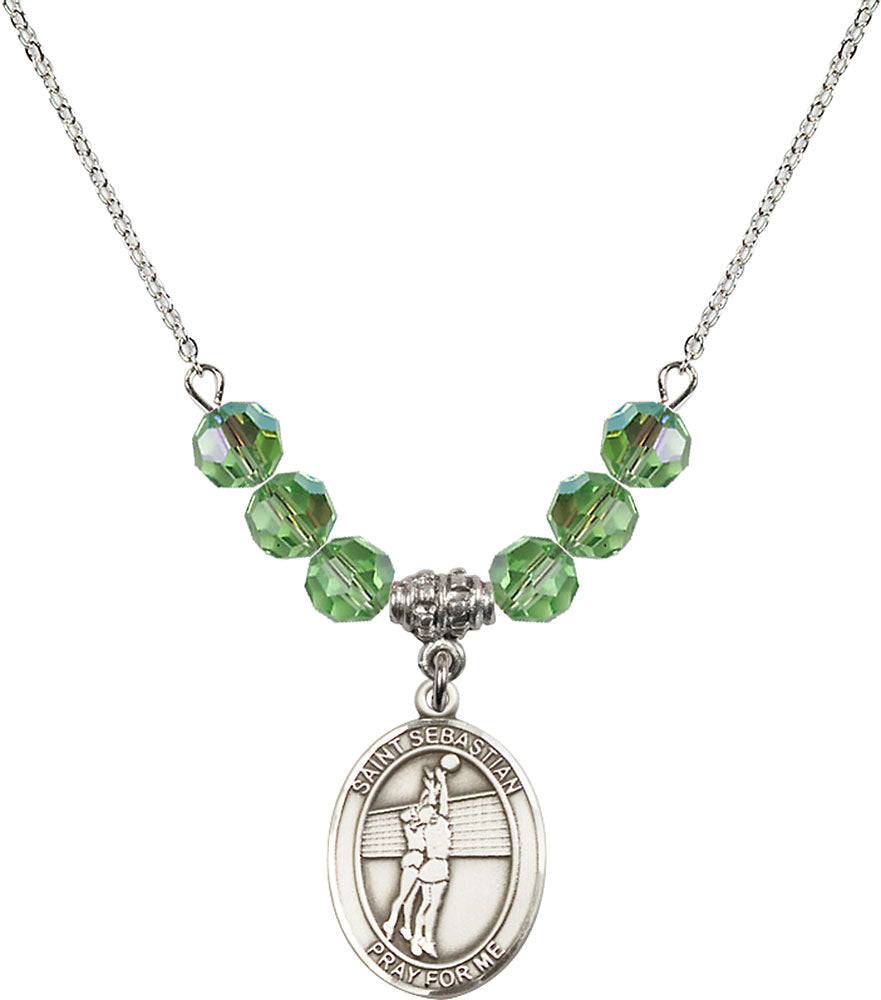 Sterling Silver Saint Sebastian / Volleyball Birthstone Necklace with Peridot Beads - 8186