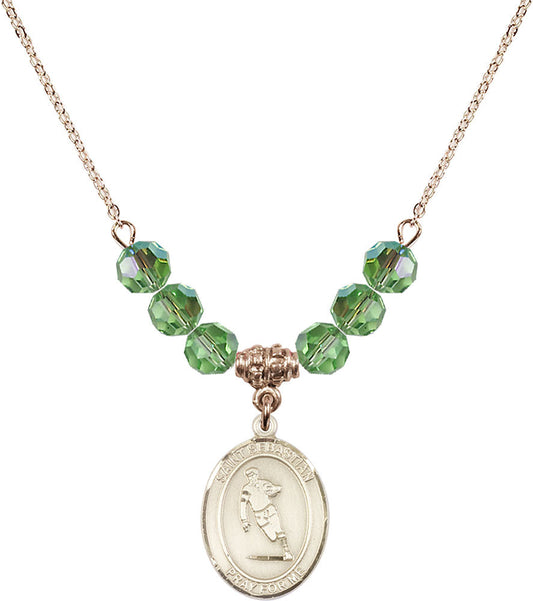 14kt Gold Filled Saint Sebastian / Rugby Birthstone Necklace with Peridot Beads - 8187
