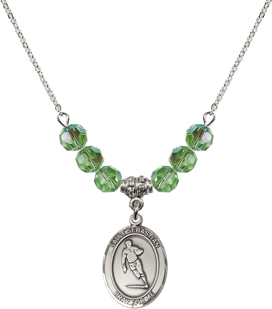 Sterling Silver Saint Sebastian / Rugby Birthstone Necklace with Peridot Beads - 8187