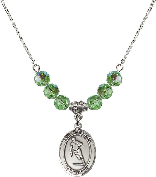 Sterling Silver Saint Sebastian / Rugby Birthstone Necklace with Peridot Beads - 8187