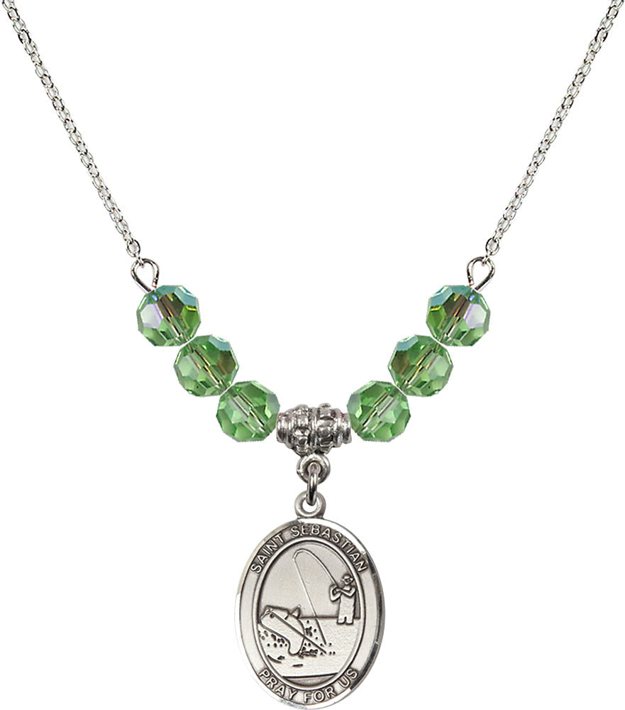Sterling Silver Saint Sebastian / Fishing Birthstone Necklace with Peridot Beads - 8188