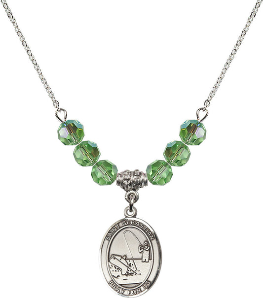 Sterling Silver Saint Sebastian / Fishing Birthstone Necklace with Peridot Beads - 8188