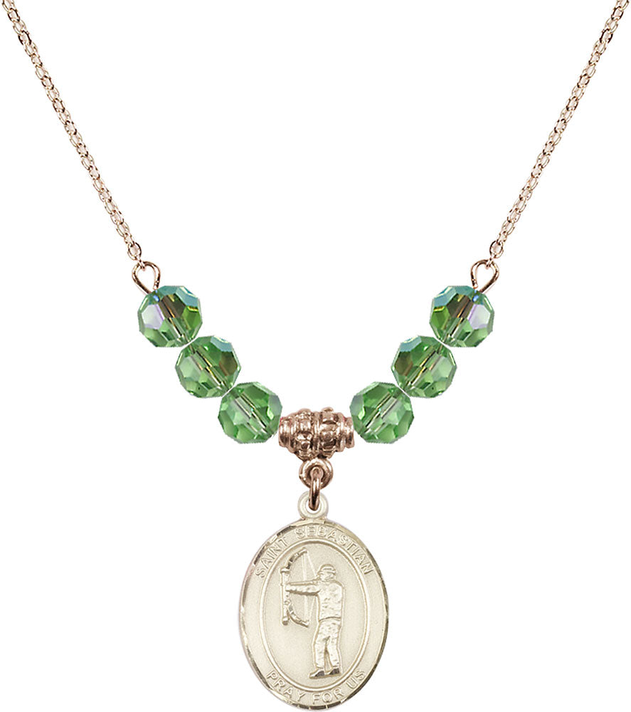 14kt Gold Filled Saint Sebastian / Archery Birthstone Necklace with Peridot Beads - 8189