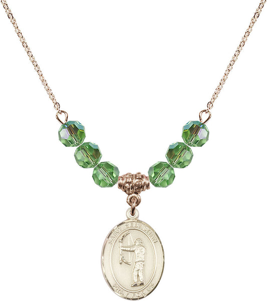 14kt Gold Filled Saint Sebastian / Archery Birthstone Necklace with Peridot Beads - 8189