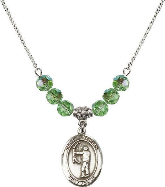 Sterling Silver Saint Sebastian / Archery Birthstone Necklace with Peridot Beads - 8189