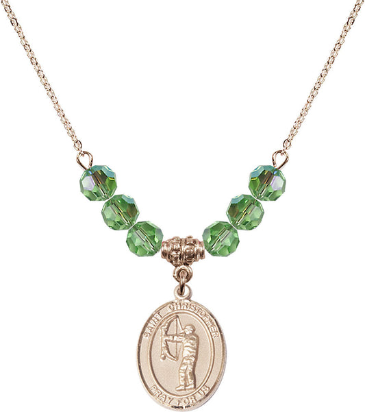 14kt Gold Filled Saint Christopher/Archery Birthstone Necklace with Peridot Beads - 8190