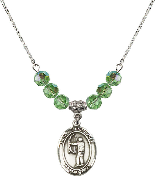 Sterling Silver Saint Christopher/Archery Birthstone Necklace with Peridot Beads - 8190