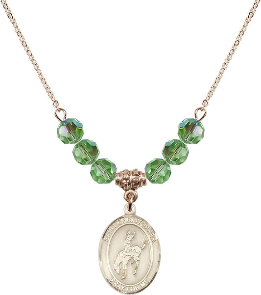 14kt Gold Filled Saint Christopher / Rodeo Birthstone Necklace with Peridot Beads - 8192