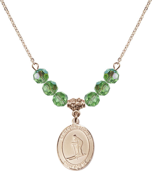 14kt Gold Filled Saint Christopher / Skiing Birthstone Necklace with Peridot Beads - 8193