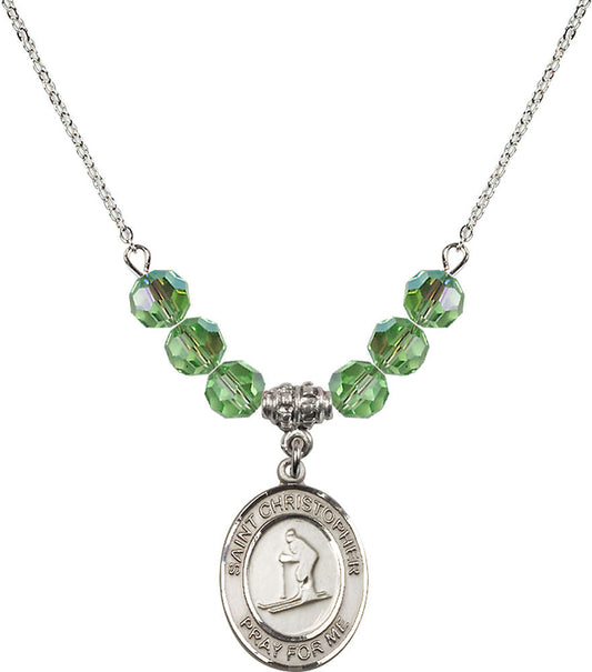 Sterling Silver Saint Christopher / Skiing Birthstone Necklace with Peridot Beads - 8193