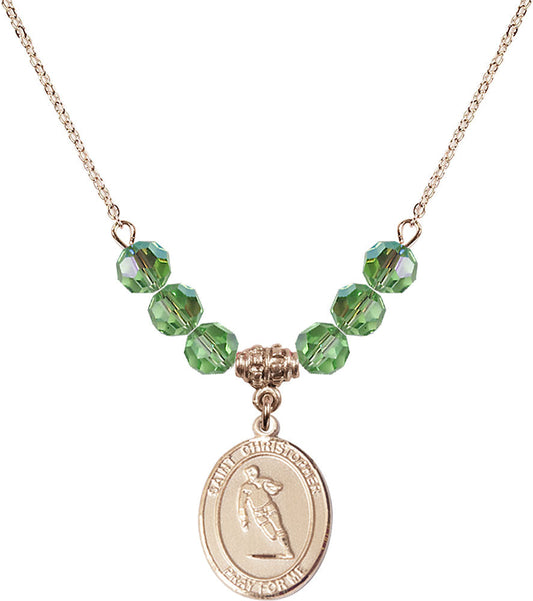 14kt Gold Filled Saint Christopher / Rugby Birthstone Necklace with Peridot Beads - 8194