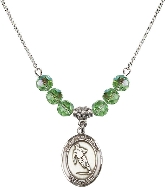 Sterling Silver Saint Christopher / Rugby Birthstone Necklace with Peridot Beads - 8194