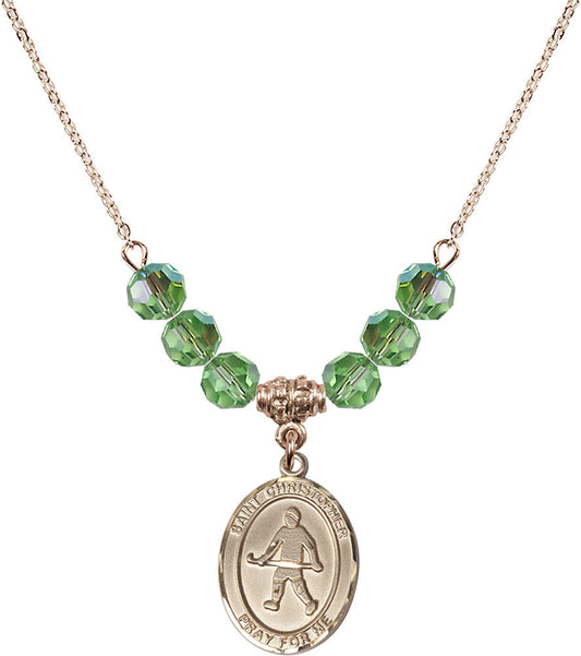 14kt Gold Filled Saint Christopher / Field Hockey Birthstone Necklace with Peridot Beads - 8195