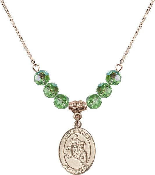14kt Gold Filled Saint Sebastian / Motorcycle Birthstone Necklace with Peridot Beads - 8197