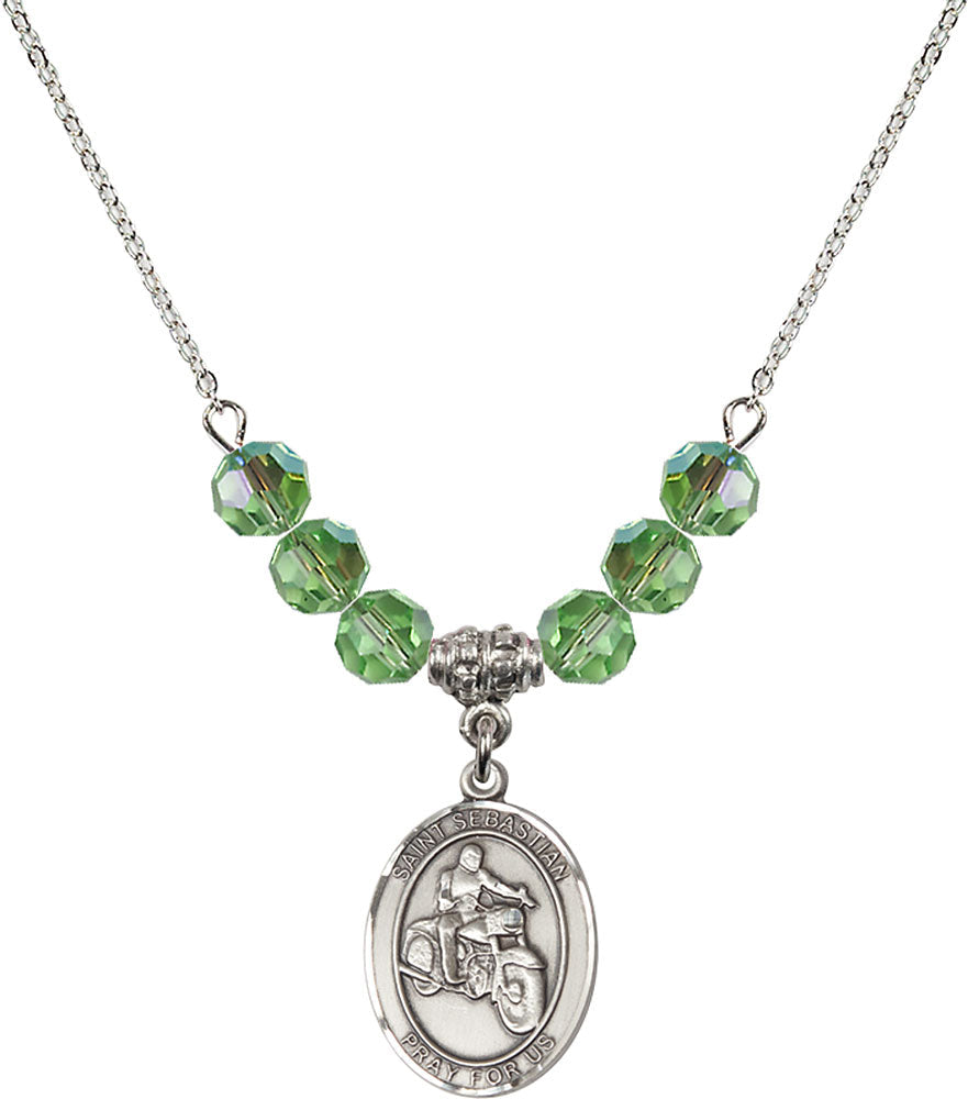 Sterling Silver Saint Sebastian / Motorcycle Birthstone Necklace with Peridot Beads - 8197