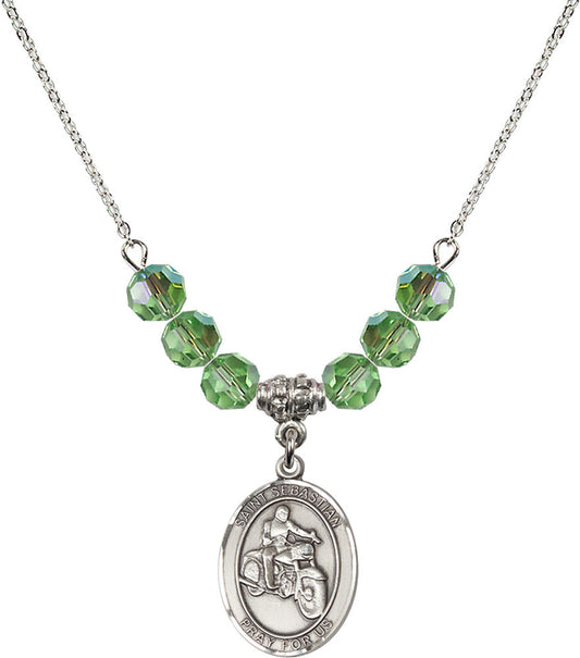 Sterling Silver Saint Sebastian / Motorcycle Birthstone Necklace with Peridot Beads - 8197