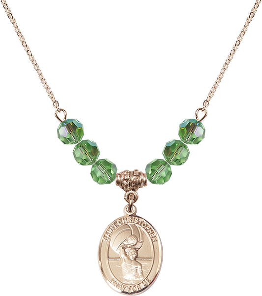 14kt Gold Filled Saint Christopher/Water Polo-Men Birthstone Necklace with Peridot Beads - 8198
