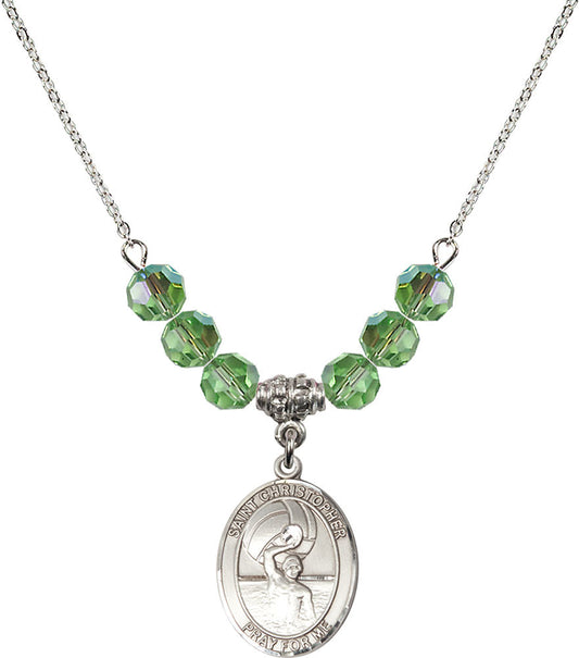 Sterling Silver Saint Christopher/Water Polo-Men Birthstone Necklace with Peridot Beads - 8198